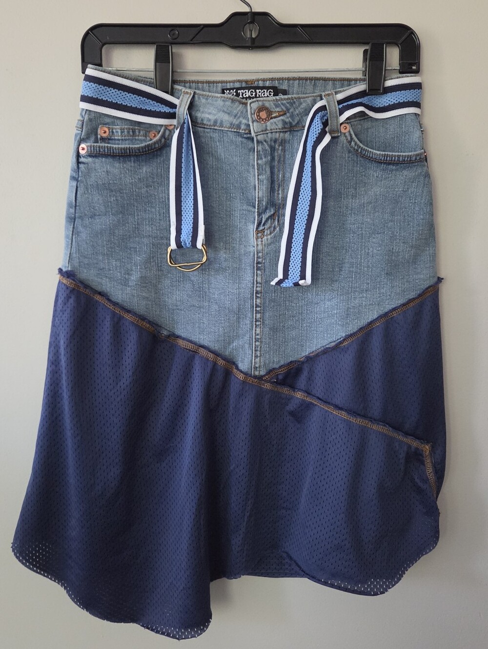 Vintage Tag Rag Y2K Denim Skirt 6 Blue Jersey Mesh Brat Asymmetrical Glam Punk